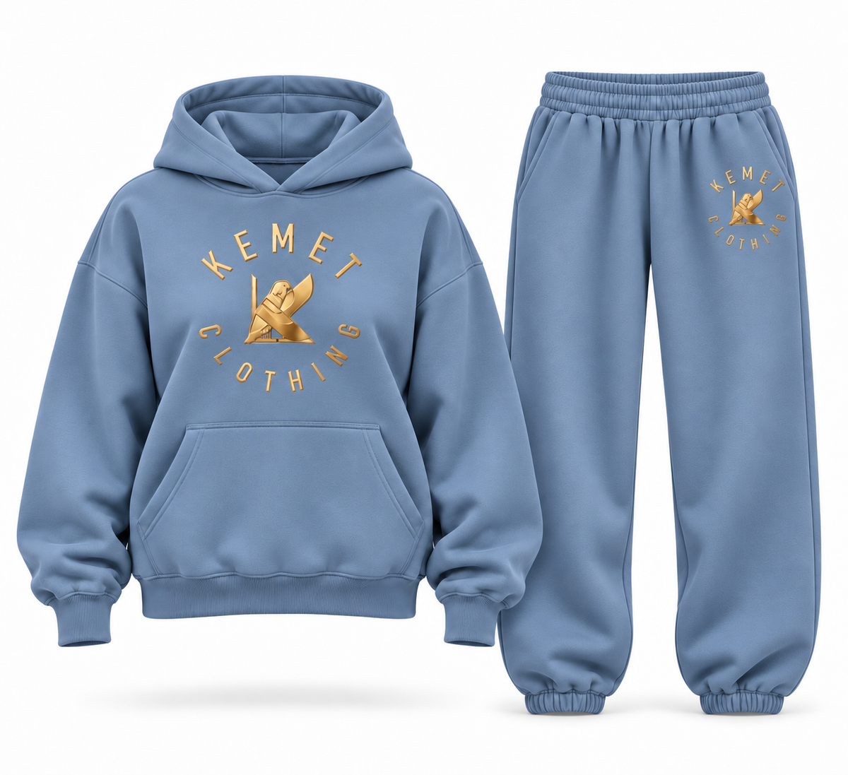 Kemet Women’s Signature Gold Logo Oversized Hoodie & Jogger Set – Dusty Blue