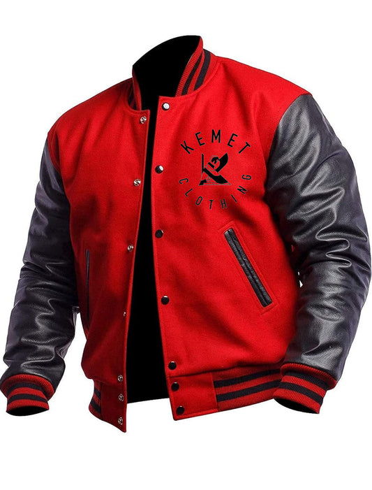 Unisex wool and leather bomber letterman red and black